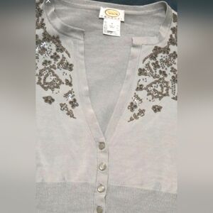 Talbots Gray Knit Cardigan With CRYSTAL Beads! Grandma Sweater 3/4 Sleeve Size S